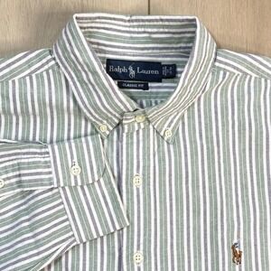 VTG Polo Ralph Lauren Classic Fit Stripe Shirt Men's 17 34/35 Green Pony Logo